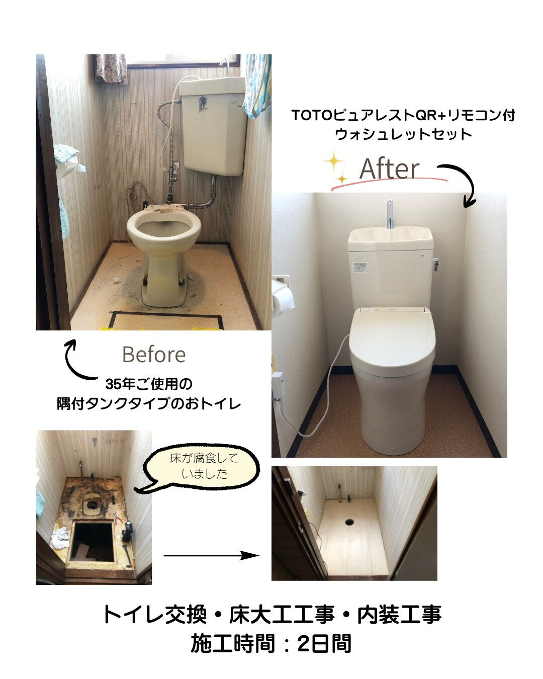 古いおトイレでもご相談ください！床が腐食していましたが、はが